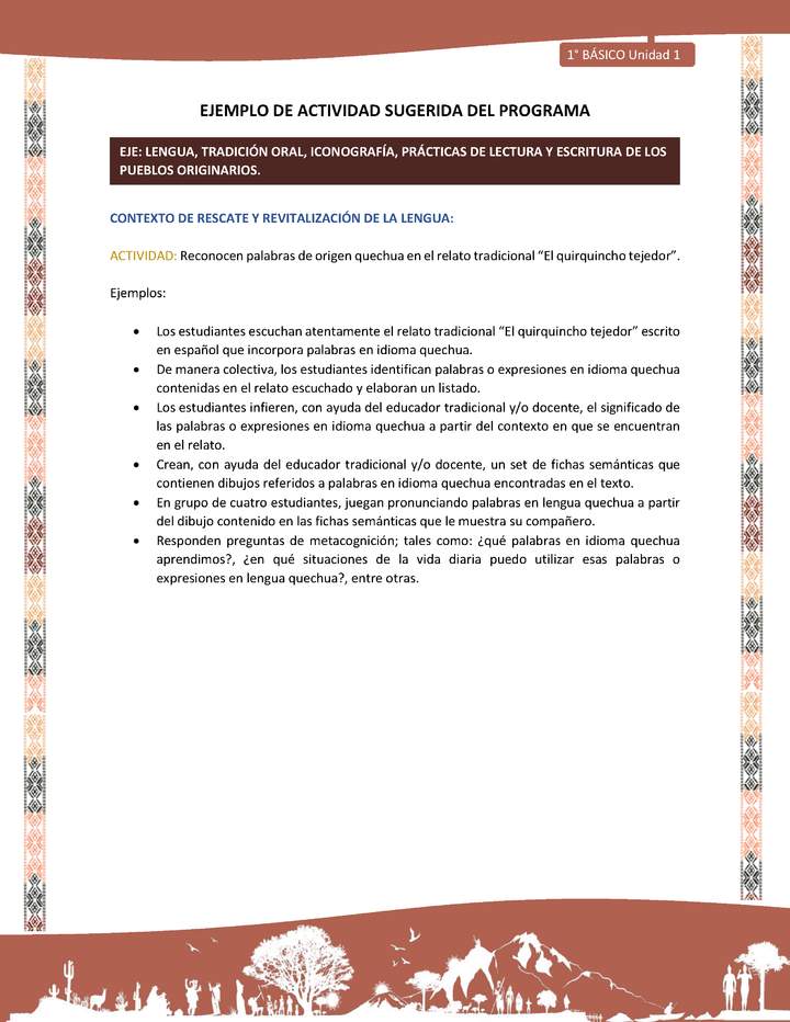 Actividad sugerida LC01 - Quechua - U1 - N°03: Reconocen palabras de origen quechua en el relato tradicional “El quirquincho tejedor”.