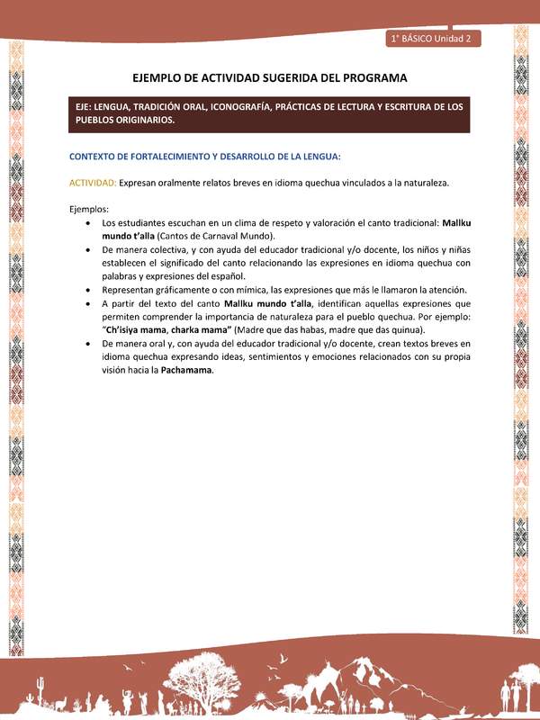 Actividad sugerida LC01 - Quechua - U2 - N°26: Expresan oralmente relatos breves en idioma quechua vinculados a la naturaleza.