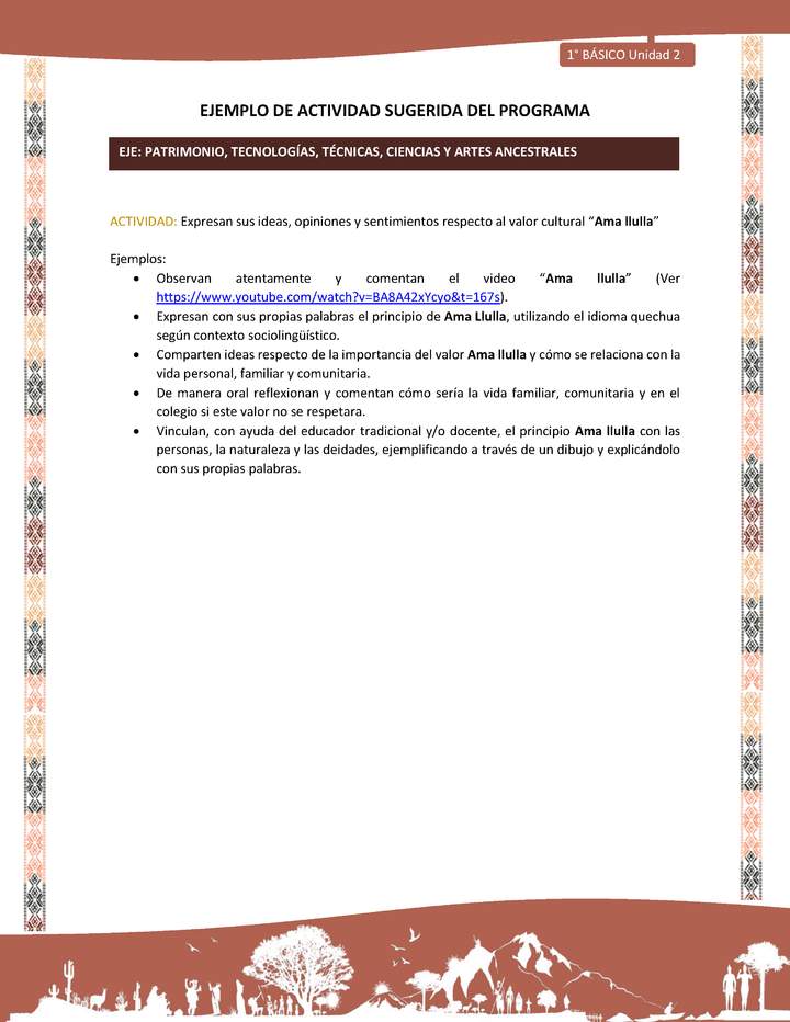 Actividad sugerida LC01 - Quechua - U2 - N°31:  Expresan sus ideas, opiniones y sentimientos respecto al valor cultural “Ama llulla”.