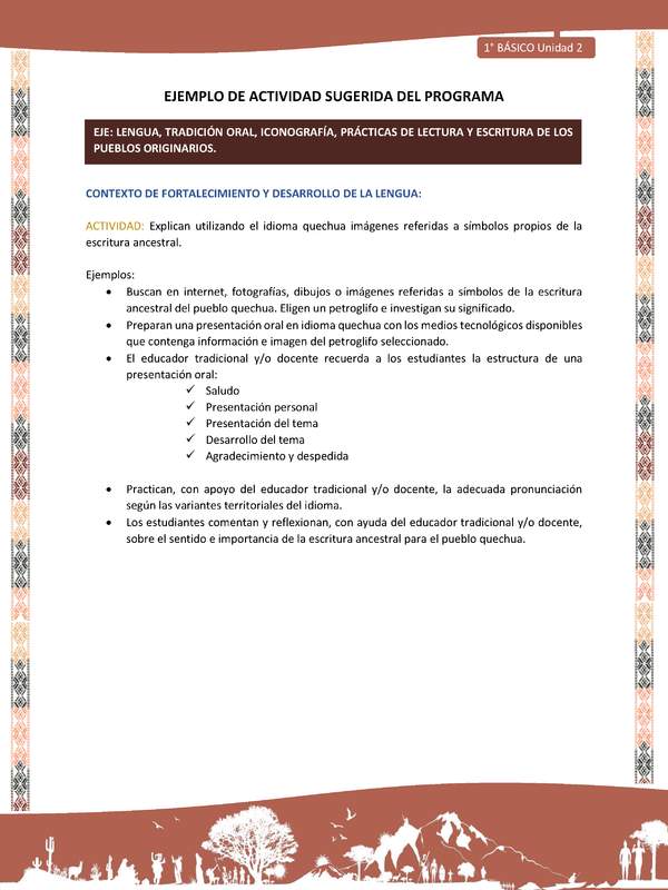 Actividad sugerida LC01 - Quechua - U2 - N°27: Explican utilizando el idioma quechua imágenes referidas a símbolos propios de la escritura ancestral.