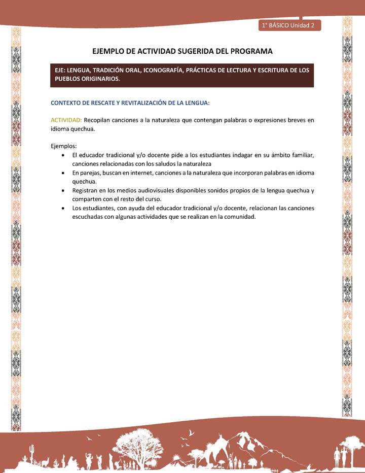 Actividad sugerida LC01 - Quechua - U2 - N°23: Recopilan canciones a la naturaleza que contengan palabras o expresiones breves en idioma quechua.