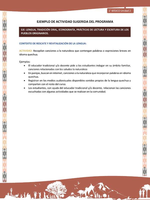 Actividad sugerida LC01 - Quechua - U2 - N°23: Recopilan canciones a la naturaleza que contengan palabras o expresiones breves en idioma quechua.