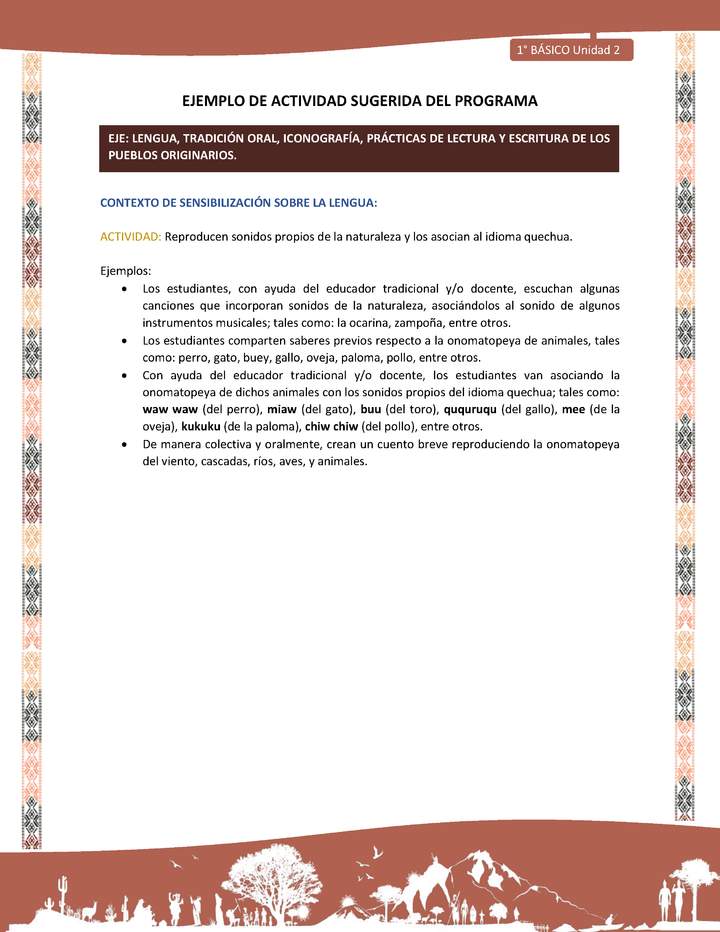 Actividad sugerida LC01 - Quechua - U2 - N°17: Reproducen sonidos propios de la naturaleza y los asocian al idioma quechua.