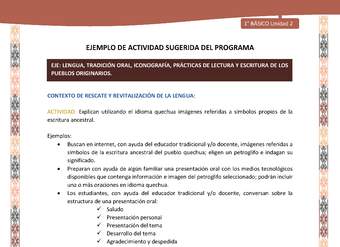 Actividad sugerida LC01 - Quechua - U2 - N°24: Explican utilizando el idioma quechua imágenes referidas a símbolos propios de la escritura ancestral.