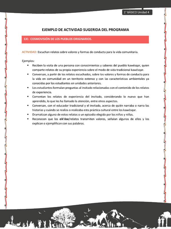 Actividad sugerida: LC01 - KAWÉSQAR - U4 - N°4: ESCUCHAN RELATOS SOBRE VALORES Y FORMAS DE CONDUCTA PARA LA VIDA COMUNITARIA.