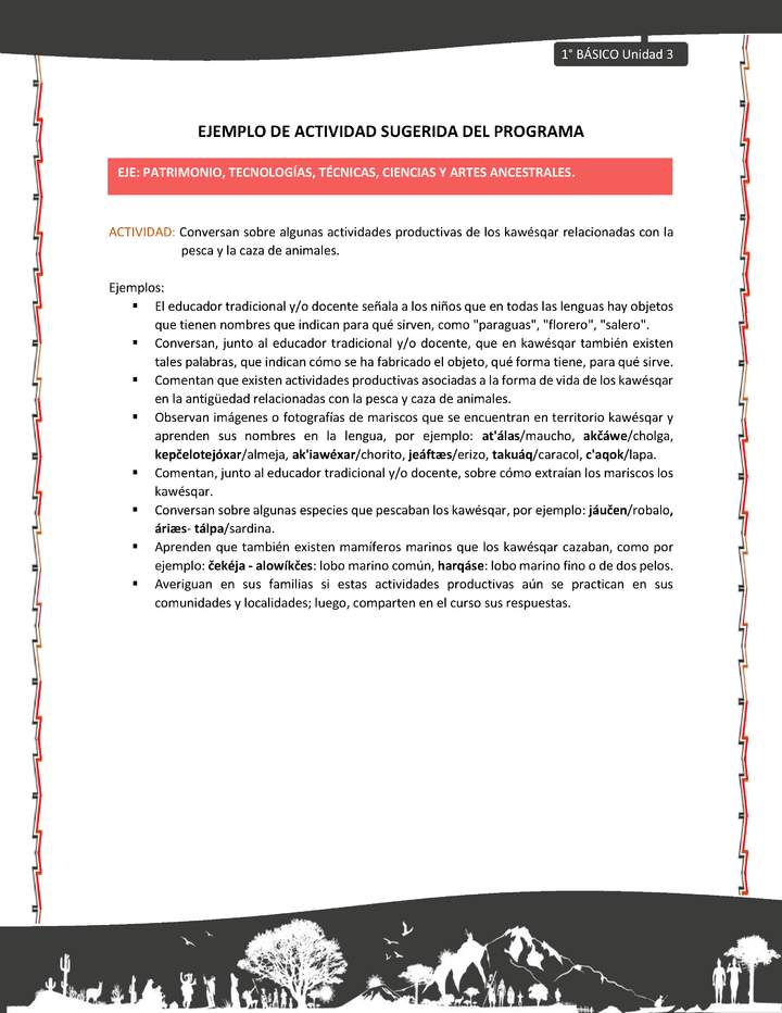 Actividad sugerida: LC01 - KAWÉSQAR - U3 - N°5: CONVERSAN SOBRE ALGUNAS ACTIVIDADES PRODUCTIVAS DE LOS KAWÉSQAR RELACIONADAS CON LA PESCA Y LA CAZA DE ANIMALES.