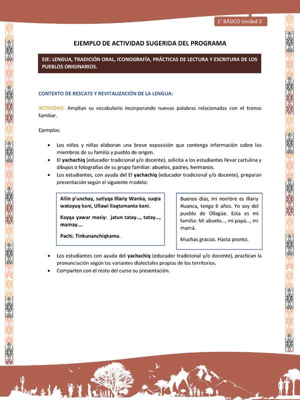 Actividad sugerida LC01 - Quechua - U3 - N°35: Amplían su vocabulario incorporando nuevas palabras relacionadas con el tronco familiar.