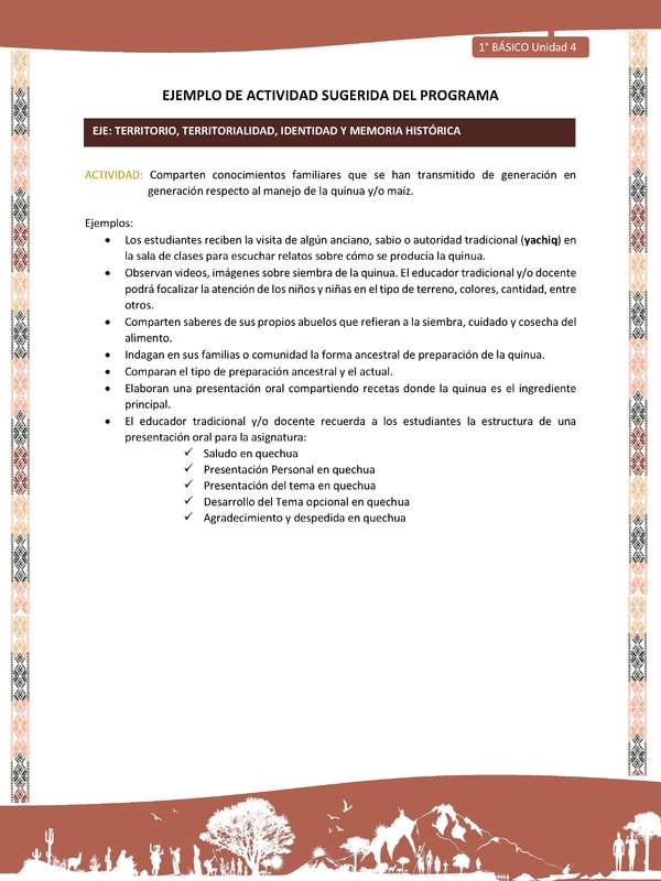 Actividad sugerida LC01 - Quechua - U4 - N°46: Comparten conocimientos familiares que se han transmitido de generación en generación respecto al manejo de la quinua y/o maíz.