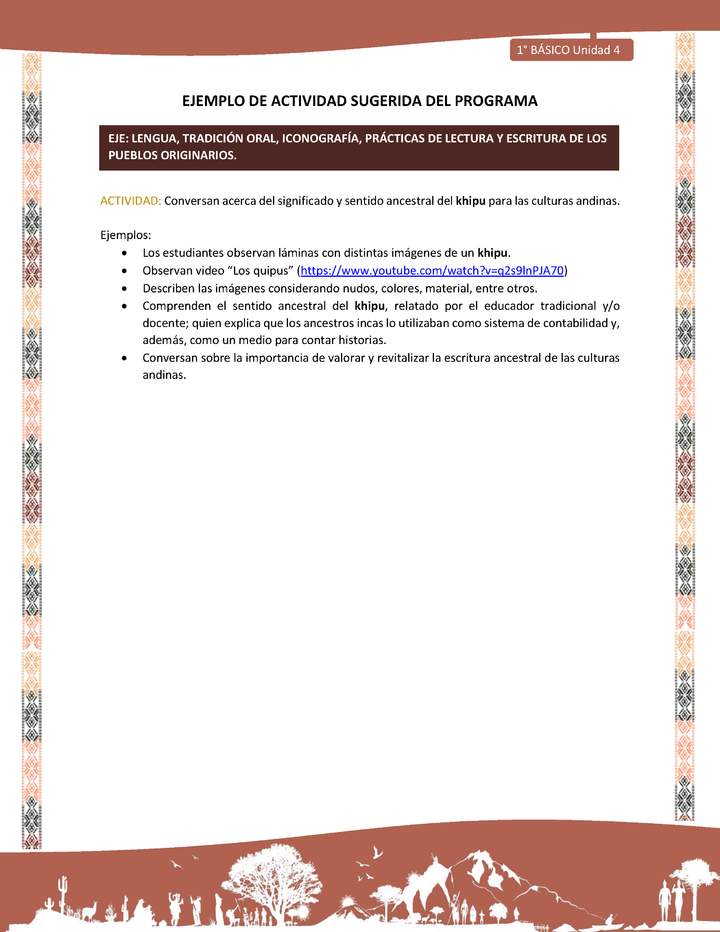 Actividad sugerida LC01 - Quechua - U4 - N°45: Conversan acerca del significado y sentido ancestral del khipu para las culturas andinas.