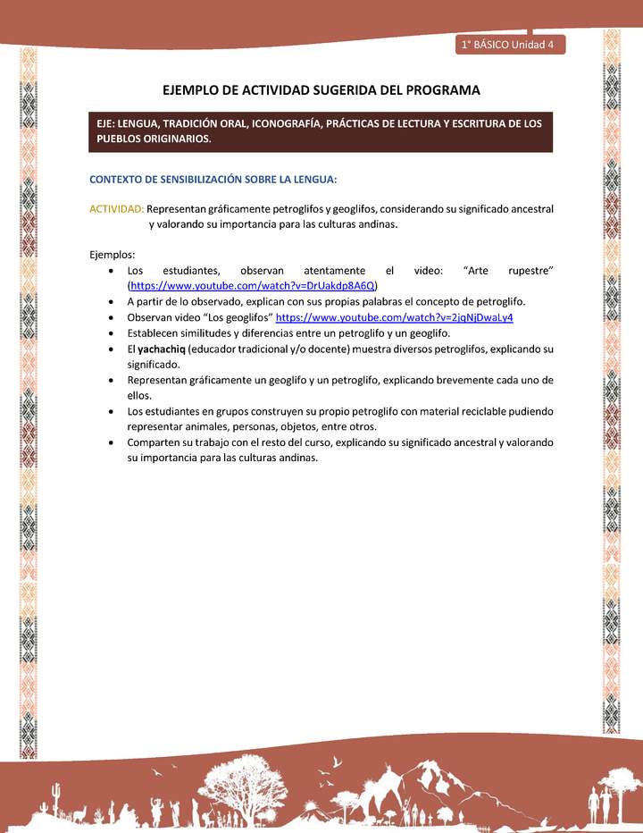 Actividad sugerida LC01 - Quechua - U4 - N°42: Representan gráficamente petroglifos y geoglifos, considerando su significado ancestral y valorando su importancia para las culturas andinas.