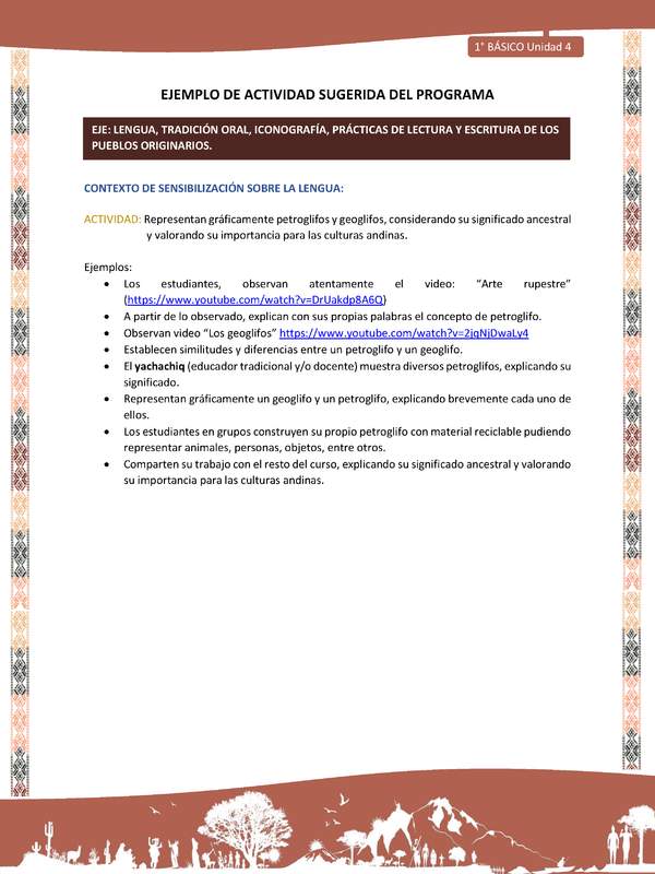 Actividad sugerida LC01 - Quechua - U4 - N°42: Representan gráficamente petroglifos y geoglifos, considerando su significado ancestral y valorando su importancia para las culturas andinas.