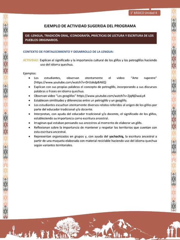 Actividad sugerida LC01 - Quechua - U4 - N°44: Explican el significado y la importancia cultural de los glifos y los petroglifos haciendo uso del idioma quechua.