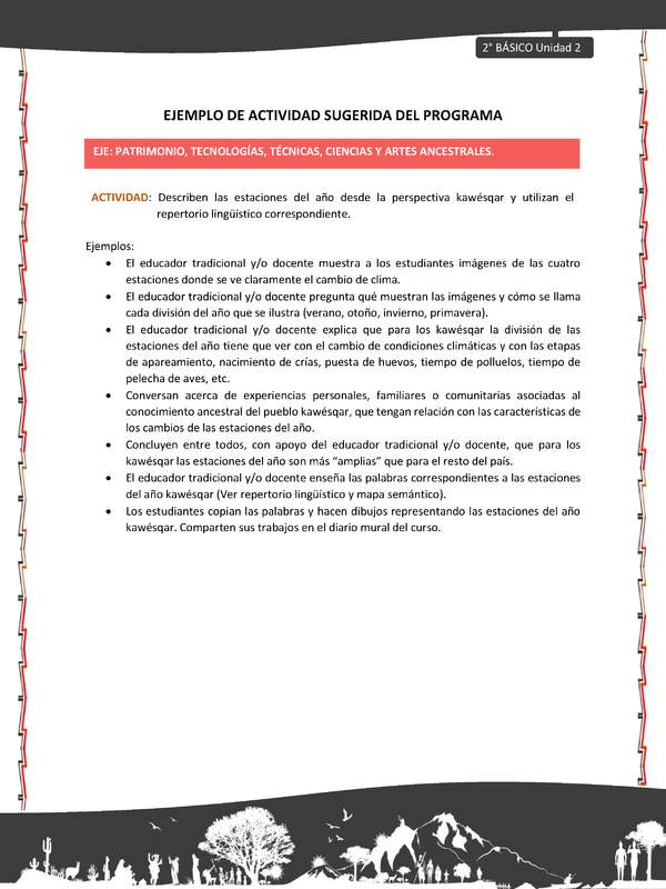 Actividad sugerida: LC02 - KAWÉSQAR - U2 - N°6: DESCRIBEN LAS ESTACIONES DEL AÑO DESDE LA PERSPECTIVA KAWÉSQAR Y UTILIZAN EL REPERTORIO LINGÜÍSTICO CORRESPONDIENTE.