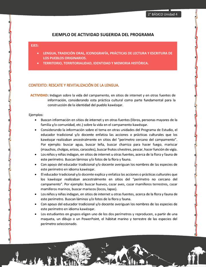 Actividad sugerida: LC02 - KAWÉSQAR - U4 - N°2: INDAGAN SOBRE LA VIDA DEL CAMPAMENTO, EN SITIOS DE INTERNET Y EN OTRAS FUENTES DE INFORMACIÓN, CONSIDERANDO ESTA PRÁCTICA CULTURAL COMO PARTE FUNDAMENTAL PARA LA CONSTRUCCIÓN DE LA IDENTIDAD DEL PUEBLO KAWÉSQAR.