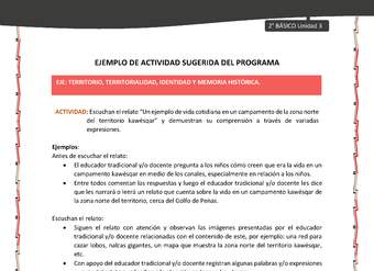 Actividad sugerida: LC02 - KAWÉSQAR - U3 - N°3: ESCUCHAN EL RELATO “UN EJEMPLO DE VIDA COTIDIANA EN UN CAMPAMENTO DE LA ZONA NORTE DEL TERRITORIO KAWÉSQAR” Y DEMUESTRAN SU COMPRENSIÓN A TRAVÉS DE VARIADAS EXPRESIONES.