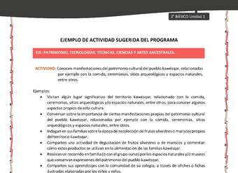 Actividad sugerida: LC02 - KAWÉSQAR - U1 - N°5:  CONOCEN MANIFESTACIONES DEL PATRIMONIO CULTURAL DEL PUEBLO KAWÉSQAR, RELACIONADAS POR EJEMPLO CON LA COMIDA, CEREMONIAS, SITIOS ARQUEOLÓGICOS Y ESPACIOS NATURALES, ENTRE OTROS.