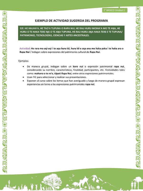 Actividad sugerida LC02 - Rapa Nui - U1 - N°20: Indagan sobre expresiones del patrimonio cultural de Rapa Nui.