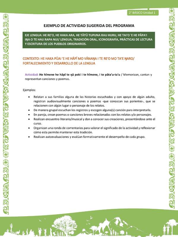 Actividad sugerida LC02 - Rapa Nui - U1 - N°10: Memorizan, cantan y representan canciones y poemas.