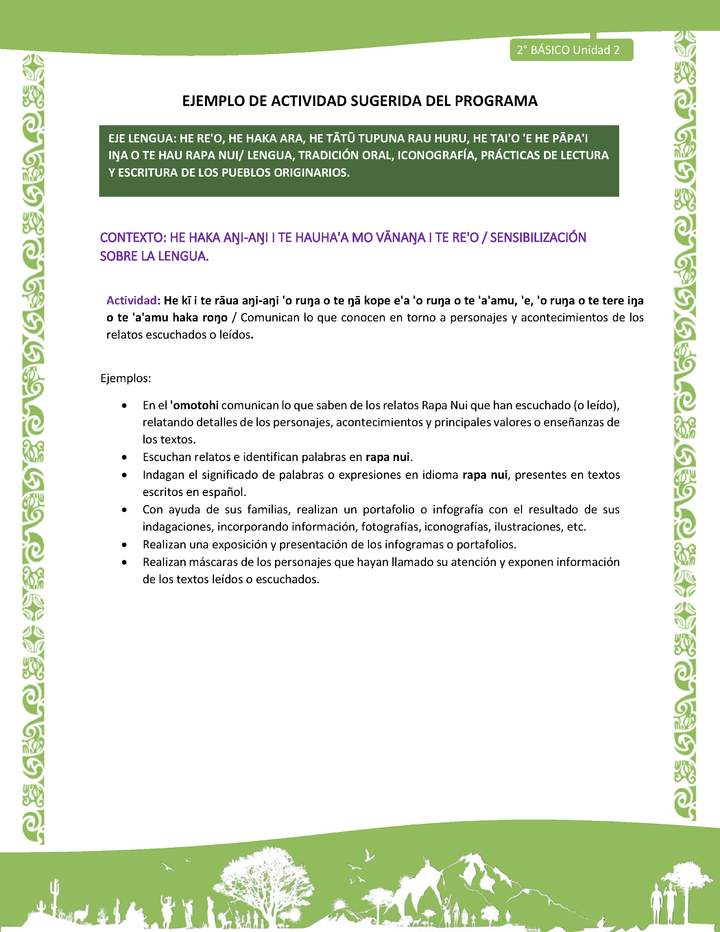 Actividad sugerida LC02 - Rapa Nui - U2 - N°01: Comunican lo que conocen en torno a personajes y acontecimientos de los relatos escuchados o leídos.