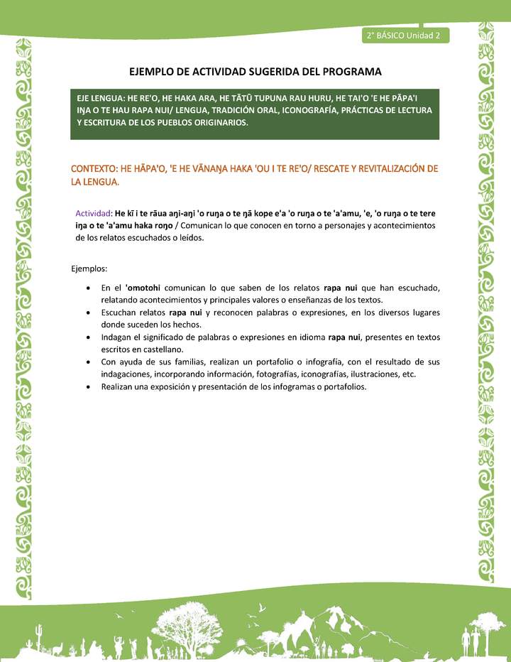 Actividad sugerida LC02 - Rapa Nui - U2 - N°06: Comunican lo que conocen en torno a personajes y acontecimientos de los relatos escuchados o leídos.