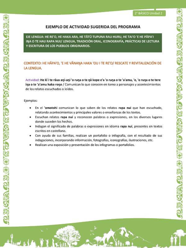 Actividad sugerida LC02 - Rapa Nui - U2 - N°06: Comunican lo que conocen en torno a personajes y acontecimientos de los relatos escuchados o leídos.