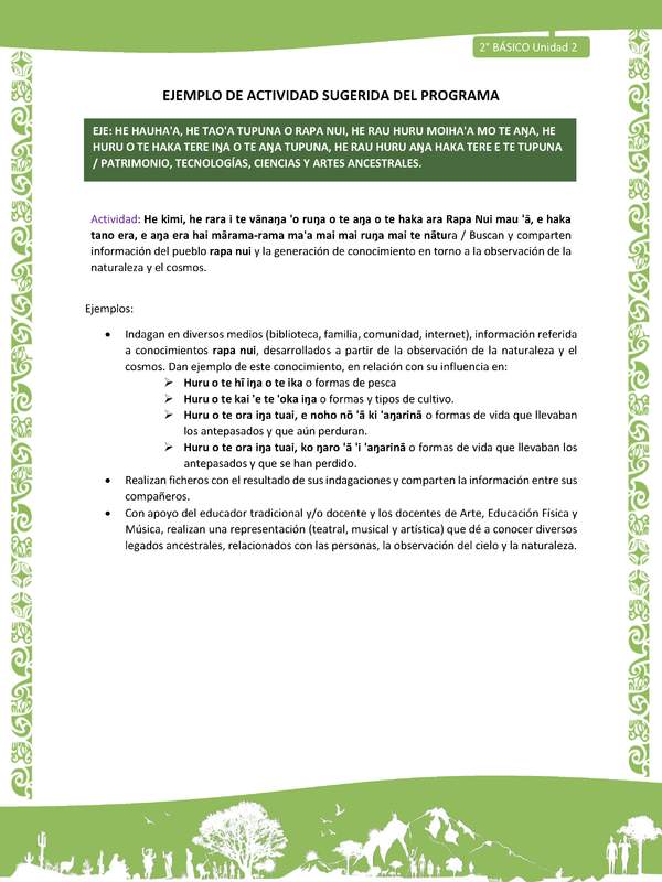 Actividad sugerida LC02 - Rapa Nui - U2 - N°31: Buscan y comparten información del pueblo rapa nui y la generación de conocimiento en torno a la observación de la naturaleza y el cosmos.