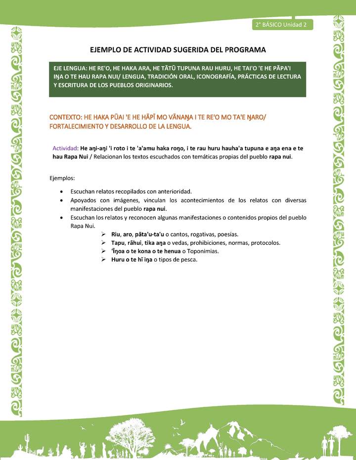 Actividad sugerida LC02 - Rapa Nui - U2 - N°20: Relacionan los textos escuchados con temáticas propias del pueblo rapa nui.