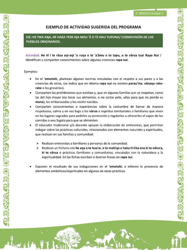 Actividad sugerida LC02 - Rapa Nui - U3 - N°10: Identifican y comparten conocimientos sobre algunas creencias rapa nui.