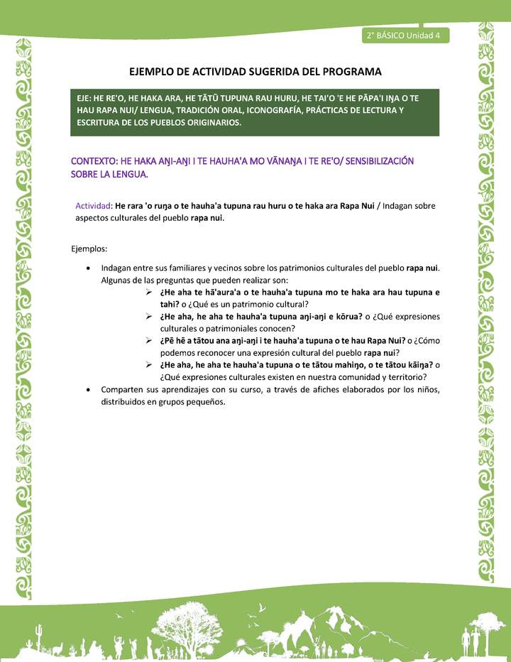 Actividad sugerida LC02 - Rapa Nui - U4 - N°02: Indagan sobre aspectos culturales del pueblo rapa nui.