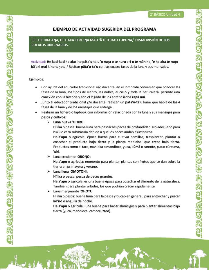 Actividad sugerida LC02 - Rapa Nui - U4 - N°11: Recitan pāta'u-ta'u con las cuatro fases de la luna y sus mensajes.