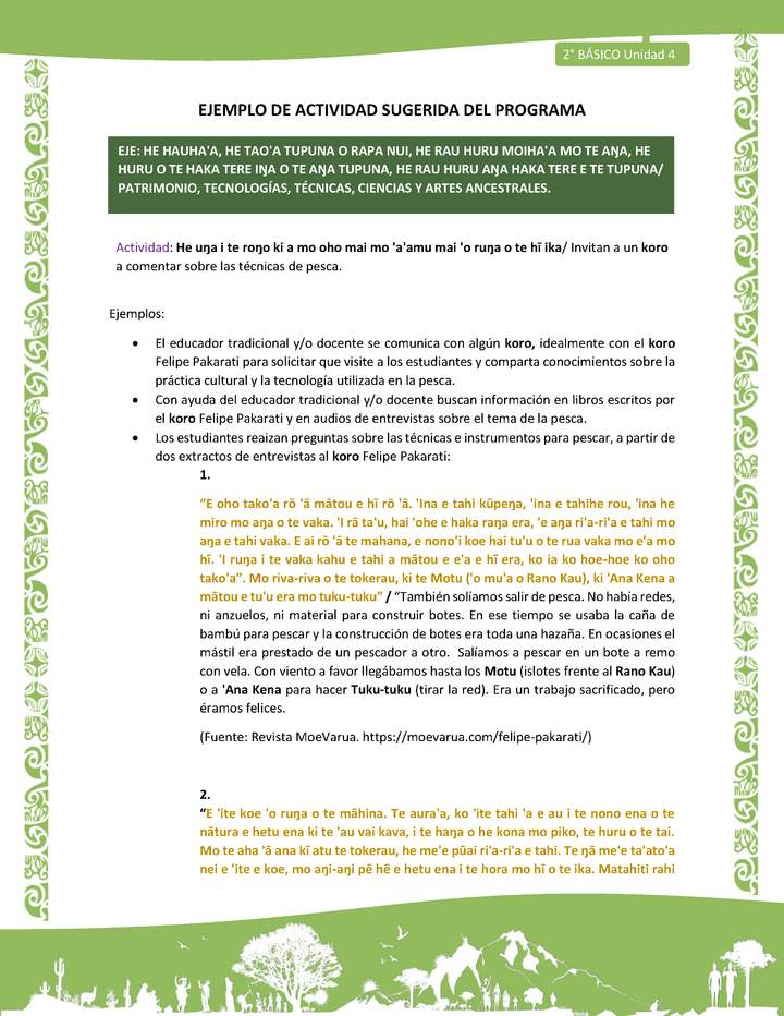 Actividad sugerida LC02 - Rapa Nui - U4 - N°17: Invitan a un koro a comentar sobre las técnicas de pesca.