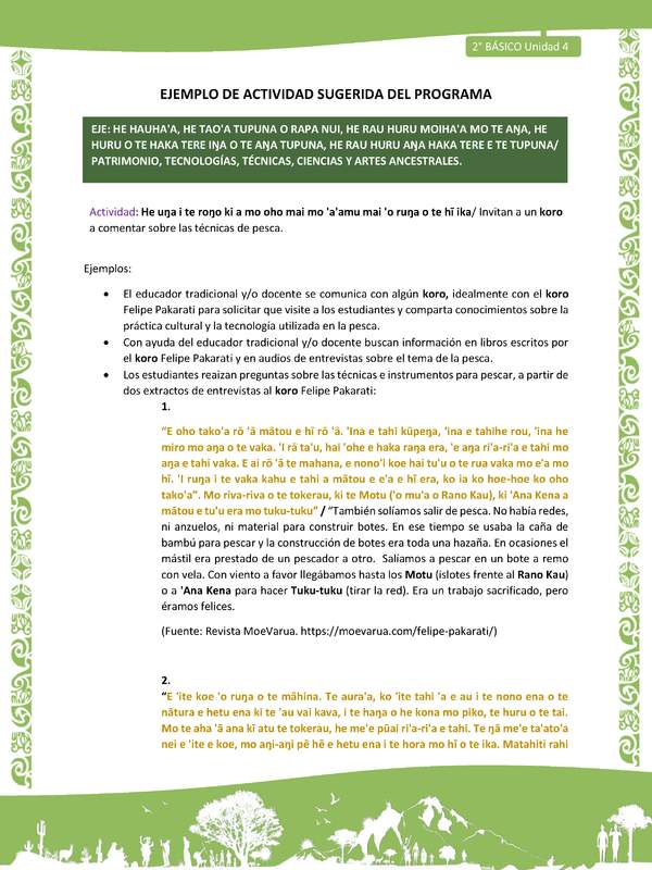 Actividad sugerida LC02 - Rapa Nui - U4 - N°17: Invitan a un koro a comentar sobre las técnicas de pesca.