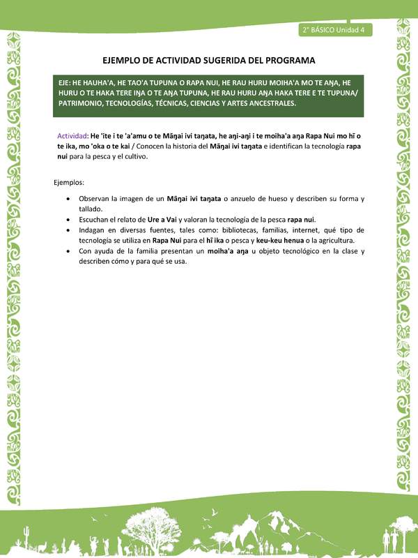 Actividad sugerida LC02 - Rapa Nui - U4 - N°16: Conocen la historia del Māŋai ivi taŋata e identifican la tecnología rapa nui para la pesca y el cultivo.