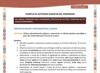 Actividad sugerida LC02 - Quechua - U1 - N°06: Utilizan adecuadamente palabras y expresiones en idioma quechua aprendidas a partir del relato tradicional “El zorro en el cielo”.