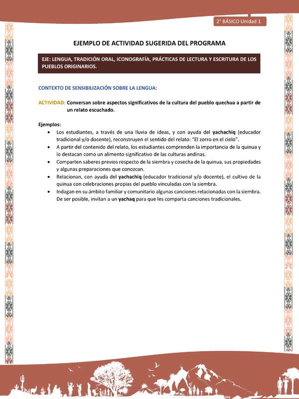 Actividad sugerida LC02 - Quechua - U1 - N°02: Conversan sobre aspectos significativos de la cultura del pueblo quechua a partir de un relato escuchado.