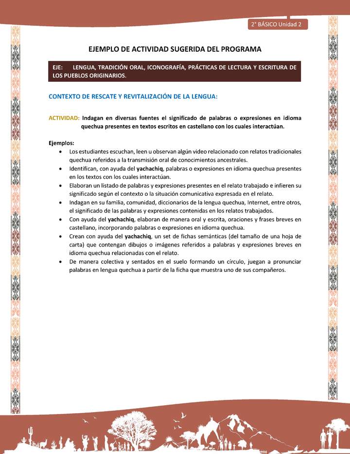 Actividad sugerida LC02 - Quechua - U2 - N°5: Indagan en diversas fuentes el significado de palabras o expresiones en idioma quechua presentes en textos escritos en castellano con los cuales interactúan.