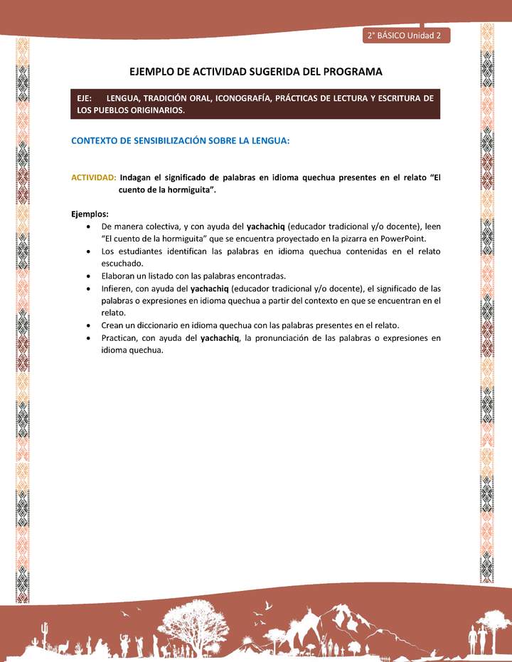 Actividad sugerida LC02 - Quechua - U2 - N°16: Indagan el significado de palabras en idioma quechua presentes en el relato “El cuento de la hormiguita”.