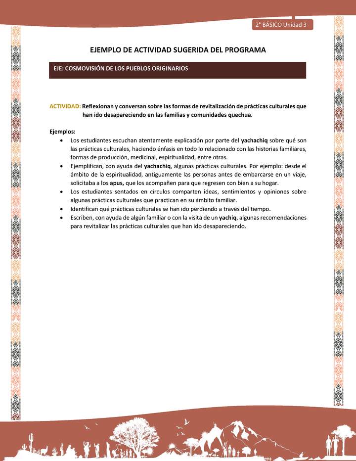 Actividad sugerida LC02 - Quechua - U3 - N°10: Reflexionan y conversan sobre las formas de revitalización de prácticas culturales que han ido desapareciendo en las familias y comunidades quechua.