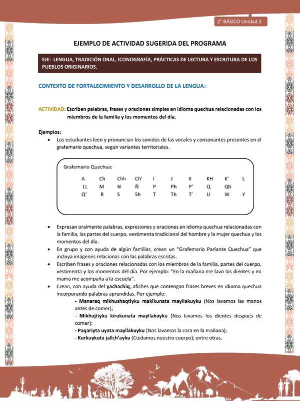 Actividad sugerida LC02 - Quechua - U3 - N°5: Escriben palabras, frases y oraciones simples en idioma quechua relacionadas con los miembros de la familia y los momentos del día.