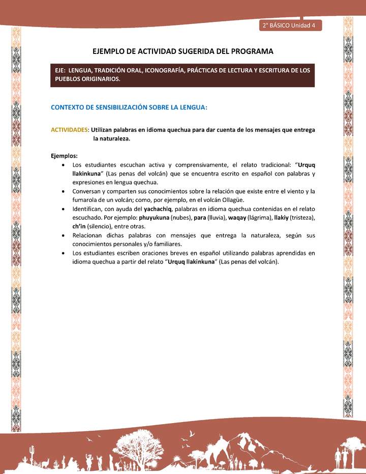 Actividad sugerida LC02 - Quechua - U4 - N°2:  Utilizan palabras en idioma quechua para dar cuenta de los mensajes que entrega la naturaleza.