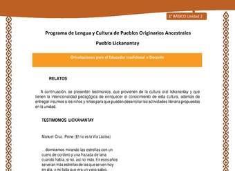 Orientaciones al docente - LC01 - Lickanantay - U2 - Relatos: El río es la Vía Láctea