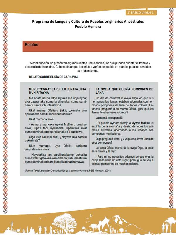 Relato sobre el día de carnaval - Lengua y cultura de los pueblos Originarios Ancestrales 1º básico - Pueblo Aymara - Unidad 1