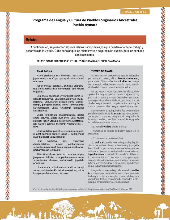 Relato sobre Prácticas culturales que realiza el pueblo Aymara - Lengua y cultura de los pueblos Originarios Ancestrales 1º básico - Pueblo Aymara - Unidad 1