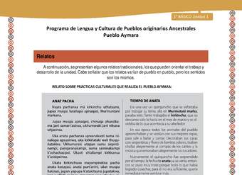 Relato sobre Prácticas culturales que realiza el pueblo Aymara - Lengua y cultura de los pueblos Originarios Ancestrales 1º básico - Pueblo Aymara - Unidad 1