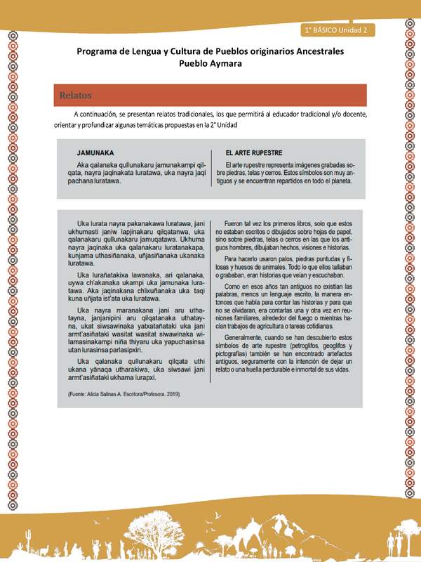 Relato El arte rupestre - Lengua y cultura de los pueblos Originarios Ancestrales 1º básico -  Aymara - Unidad 2