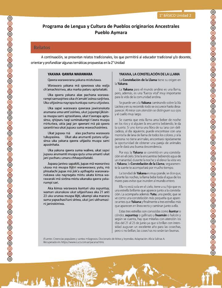 Relato Yakana, la constelación de la llama - Lengua y cultura de los pueblos Originarios Ancestrales 1º básico -  Aymara - Unidad 2