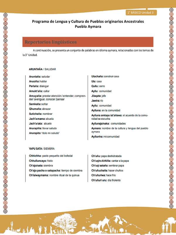 Repertorios lingüísticos - Lengua y cultura de los pueblos Originarios Ancestrales 1º básico -  Aymara - Unidad 3