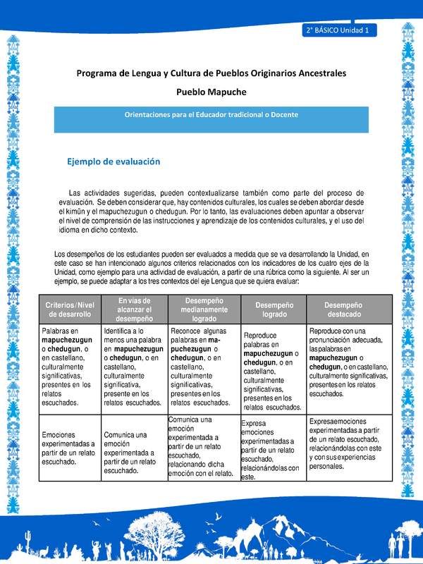 Orientaciones al docente - LC02 - Mapuche - U1 - Ejemplo de evaluación