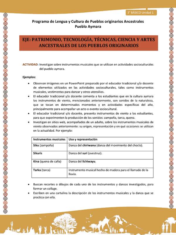 11-Actividad Sugerida LC03 U01-OA16-Investigan sobre instrumentos musicales que se utilizan en actividades socioculturales del pueblo aymara.