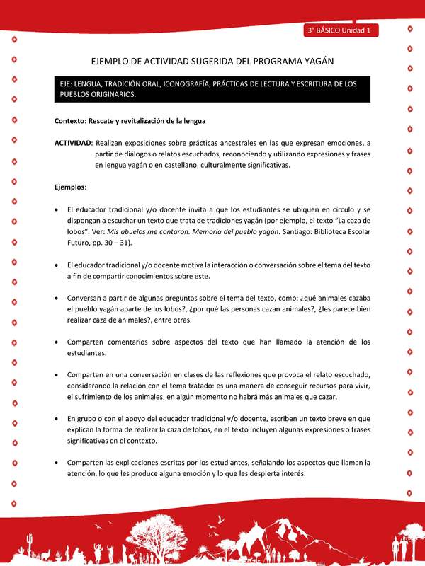 Realizan exposiciones sobre prácticas ancestrales en las que expresan emociones, a partir de diálogos o relatos escuchados, reconociendo y utilizando expresiones y frases en lengua yagán o en castellano, culturalmente significativas